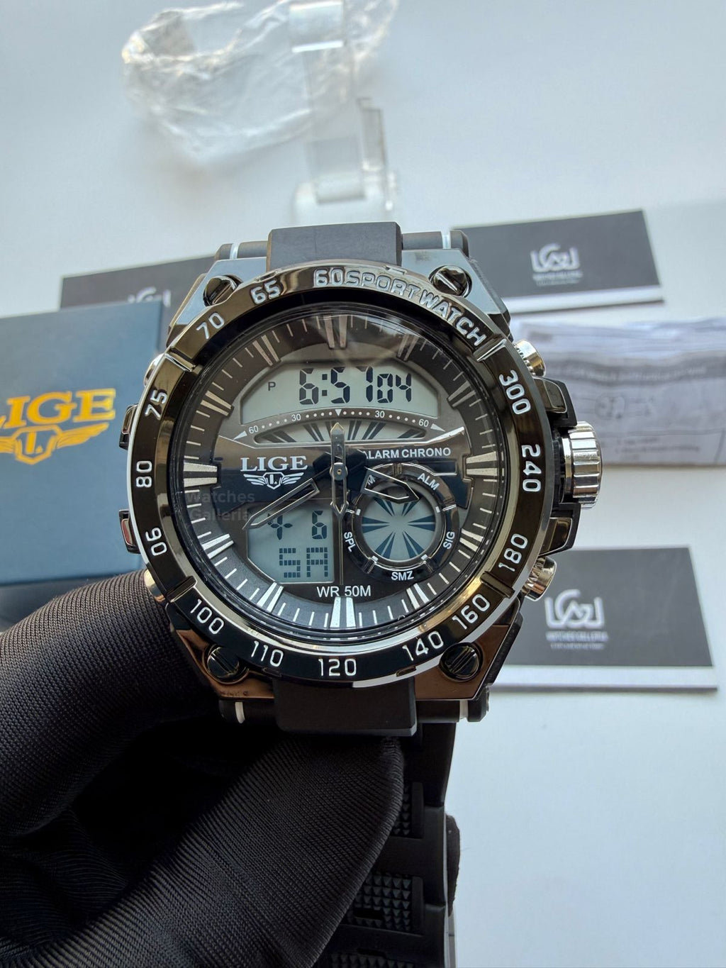 Lige 8922 Sports Watch Black 45mm Dual Display Analog Digital LED Alarm Waterproof 50M Silicone Strap Men’s Watch