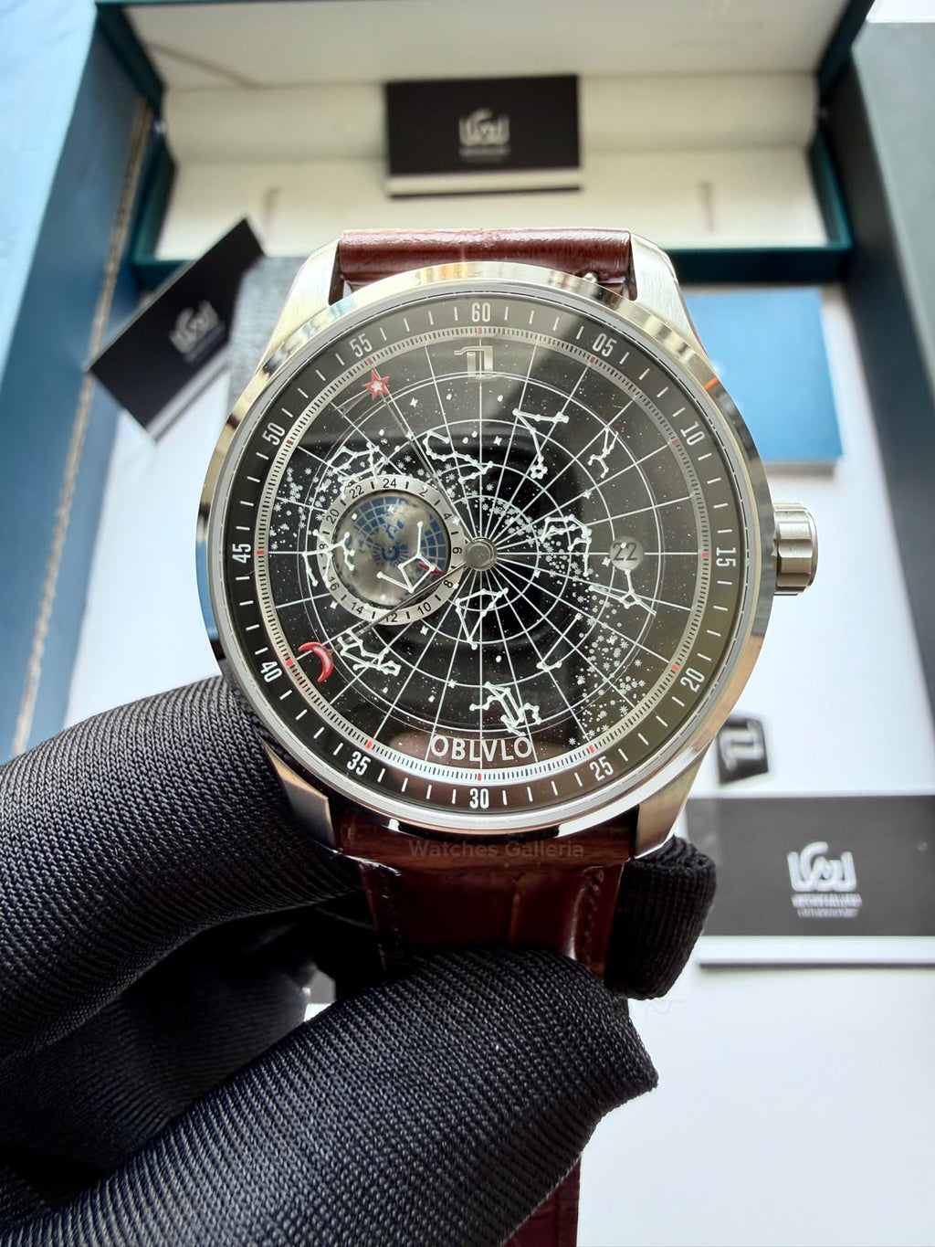 OBLVLO GC (Brown Silver Black) Grand Complications Celestial Automatic Watch Brown & Black Dial with Rose Gold Details, Moving Constellation & Earth Display – OBLVLOGC | Oblvlo