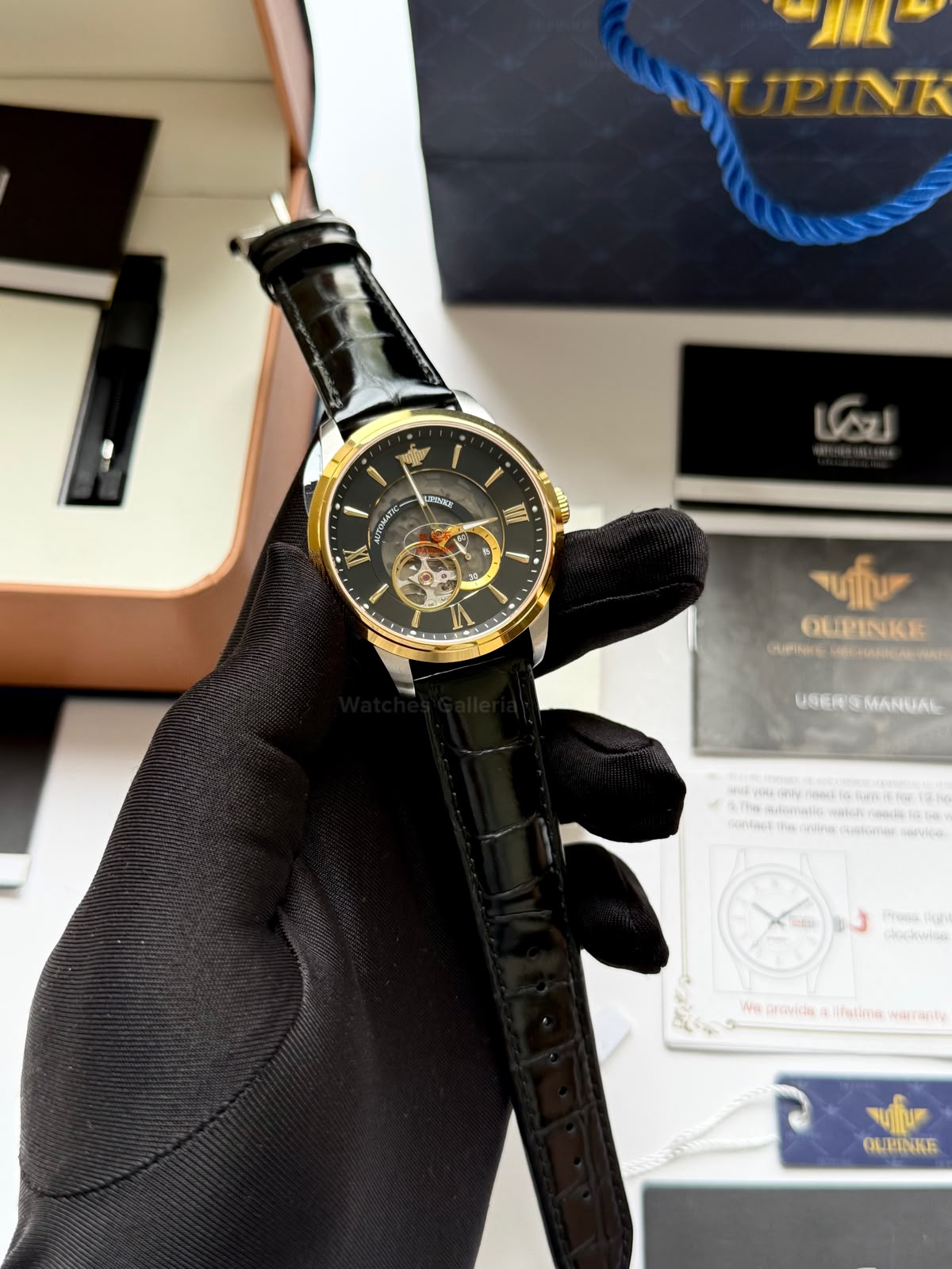 Oupinke G3190 (Black Leather) Open Heart Automatic Watch with Miyota 8215 Japanese Movement, Sapphire Crystal, Luminous Dial & Black Leather Strap