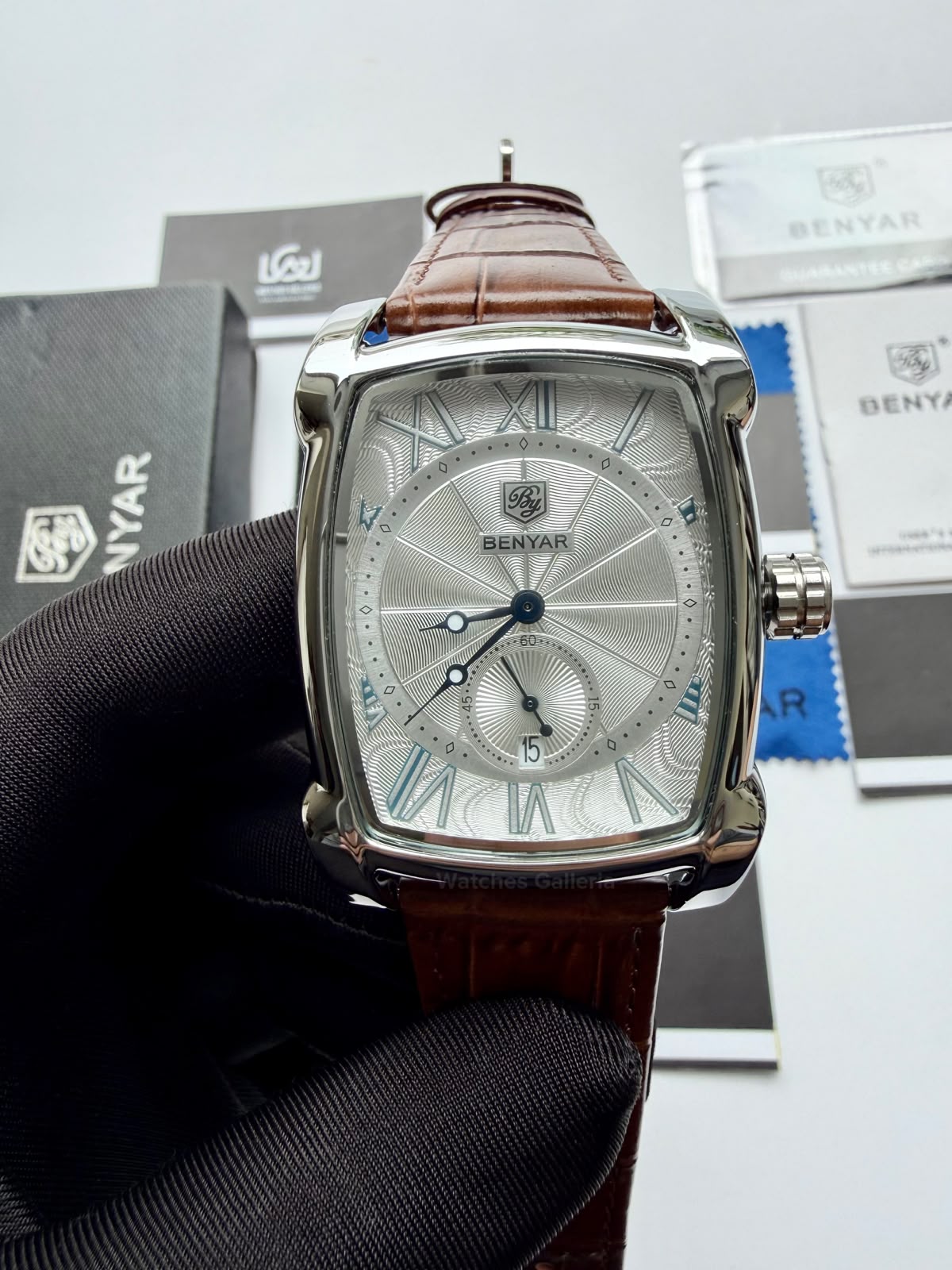 Benyar BY5114 Square Tank Watch in Pakistan – Brown Silver White Elegant Quartz Leather Strap Men’s Dress Watch