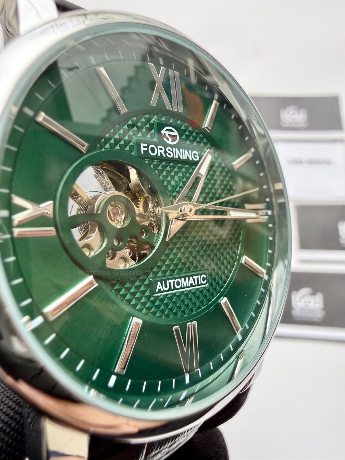 Forsining FS112 Classic Skeleton Automatic Watch – Green Dial | Leather Strap Mechanical Wristwatch for Men