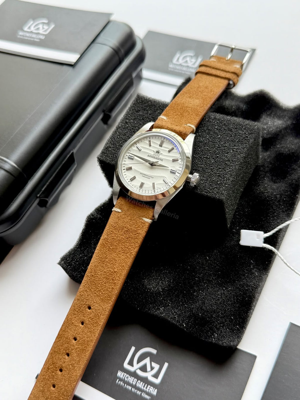 Addiesdive AD2030 Desert White with Khaki Suede Leather Strap Unisex Watch – 36mm Classic Desert Dial, Japan VH31 Quartz Movement, Blue Anti-Glare Mineral Glass & Genuine Suede Leather Strap