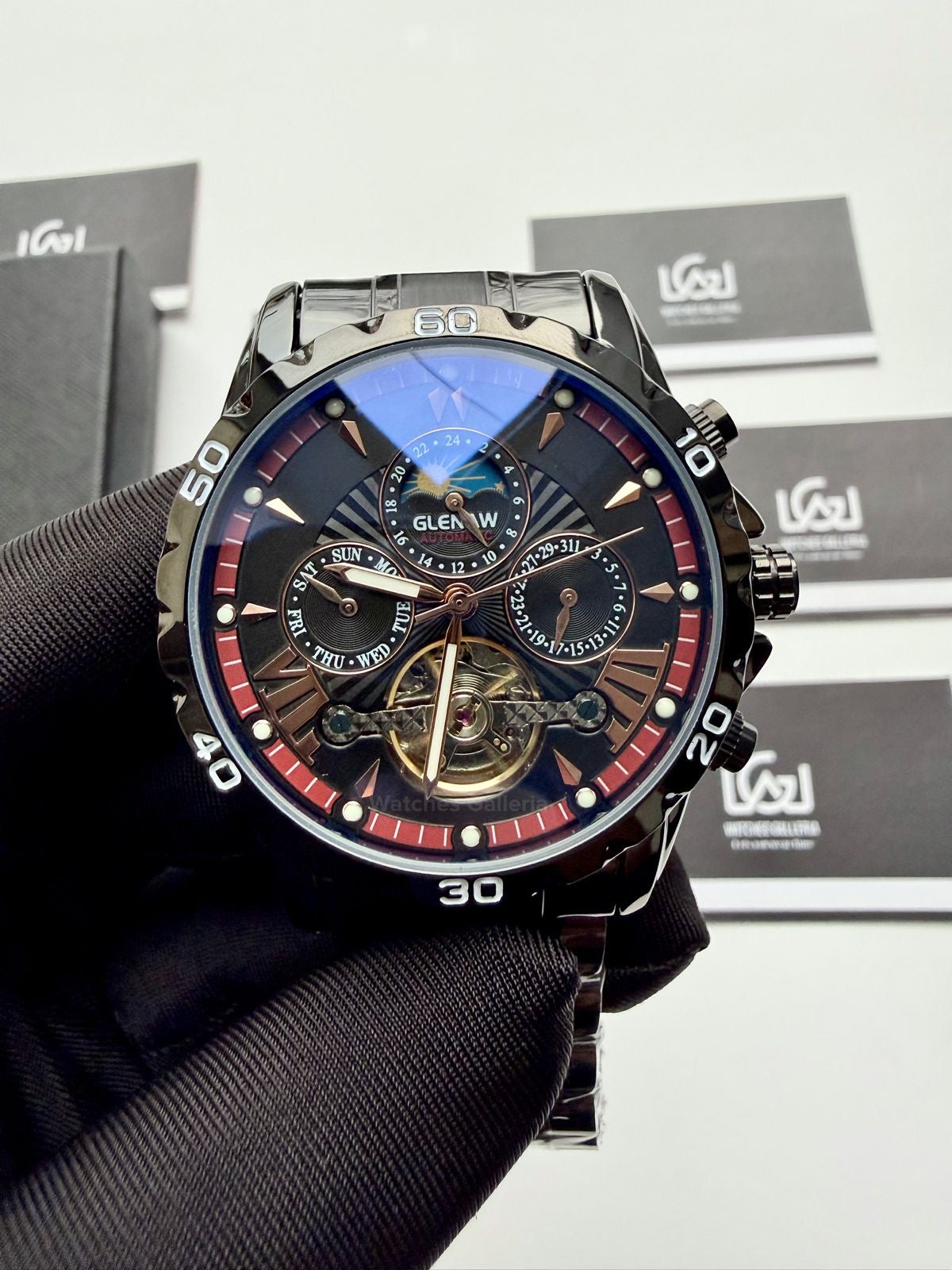 Glenaw GL8919B Moonphase Flywheel Automatic Watch – Black Blue Dial | Luxury Automatic Wristwatch for Men | Glenaw Watches Pakistan