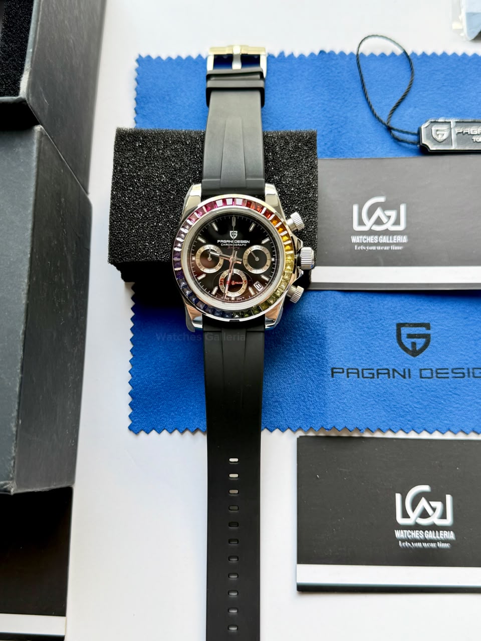 Pagani Design PD1644 Daytona Rainbow Jubilee Limited Edition Chronograph Watch PD1644LE | 40mm Sapphire Crystal, Seiko VK63 Quartz, Complete Calendar & Rainbow Stones Bezel
