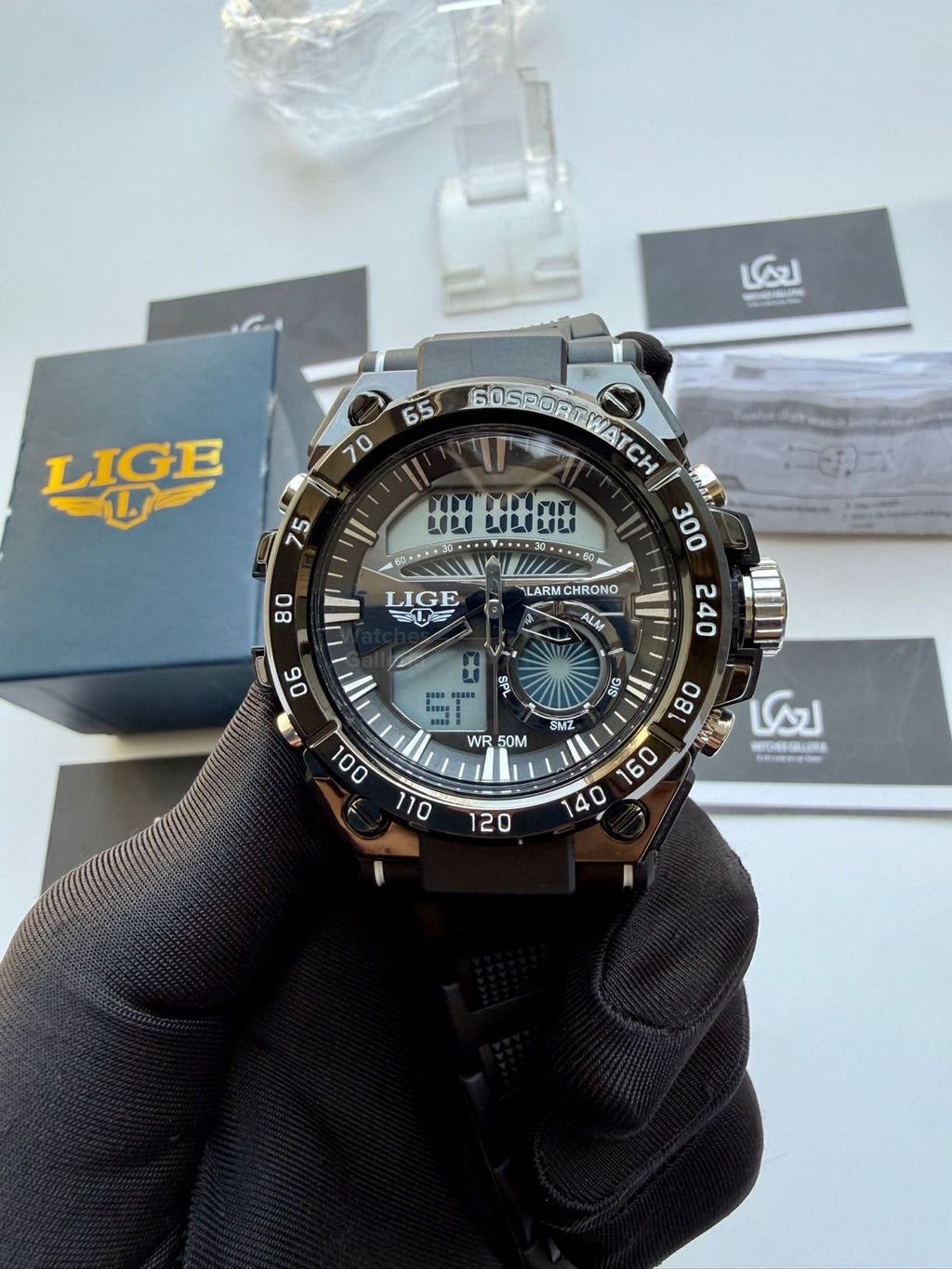 Lige 8922 Sports Watch Black 45mm Dual Display Analog Digital LED Alarm Waterproof 50M Silicone Strap Men’s Watch