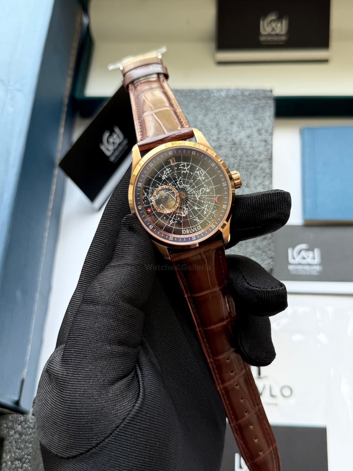 OBLVLO GC (Brown Rose Gold Blue) Grand Complications Celestial Automatic Watch Brown & Black Dial with Rose Gold Details, Moving Constellation & Earth Display – OBLVLOGC | Oblvlo