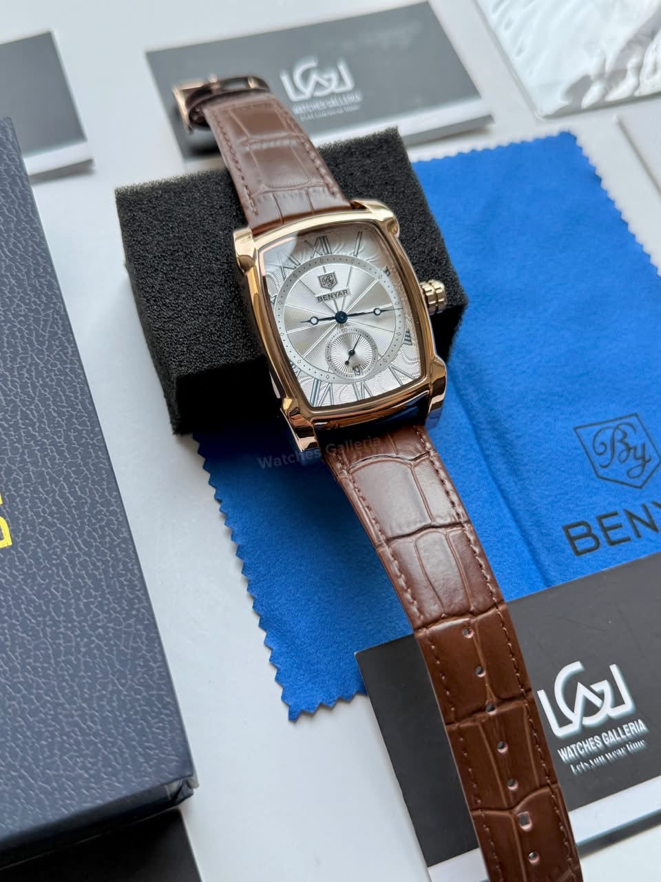 Benyar BY5114 Square Tank Watch in Pakistan – Brown Rose Gold White Elegant Quartz Leather Strap Men’s Dress Watch