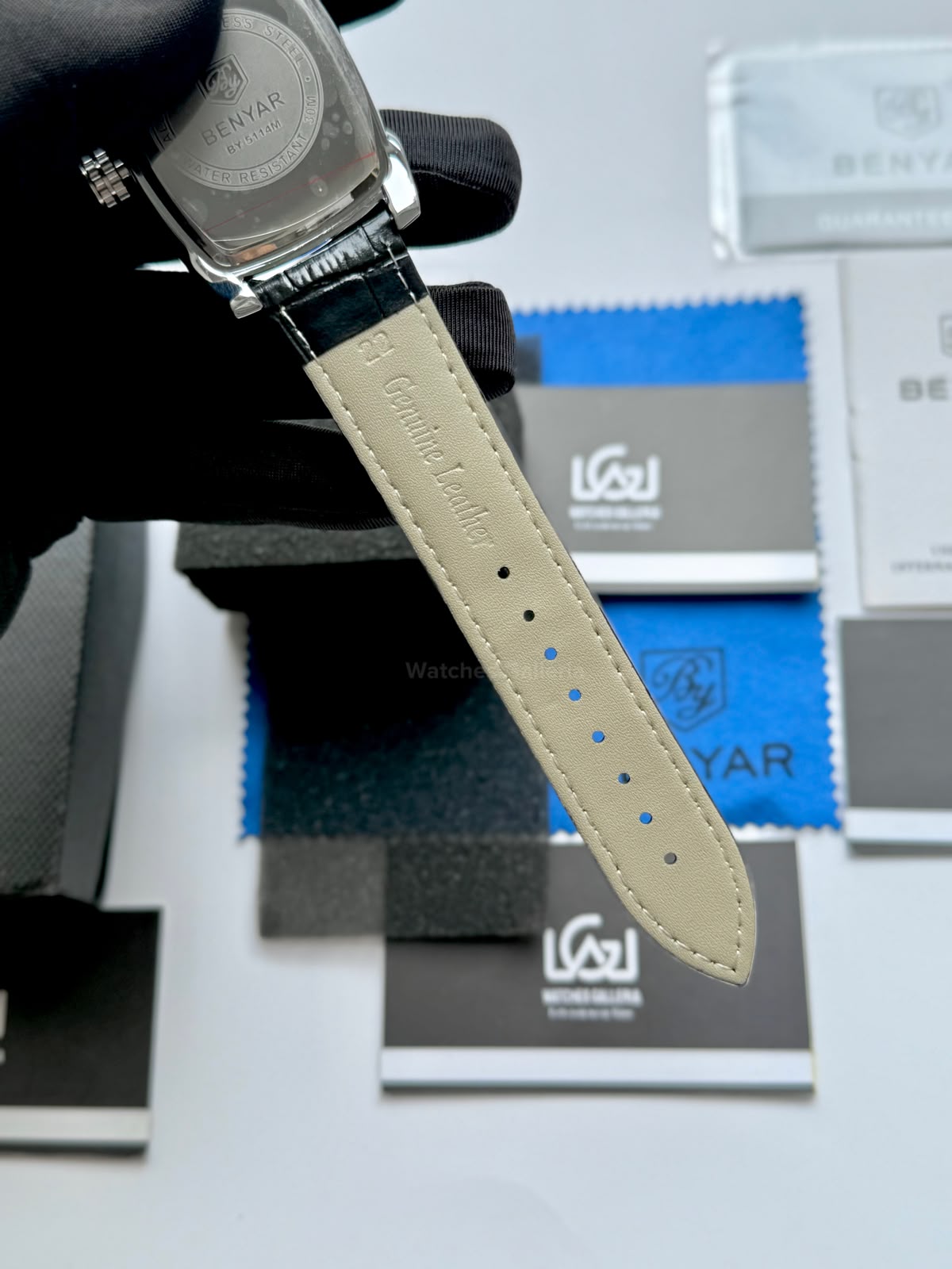 Benyar BY5114 Square Tank Watch Silver Black Roman Numeral Dial Master Lock Quartz Date Calendar Leather Strap