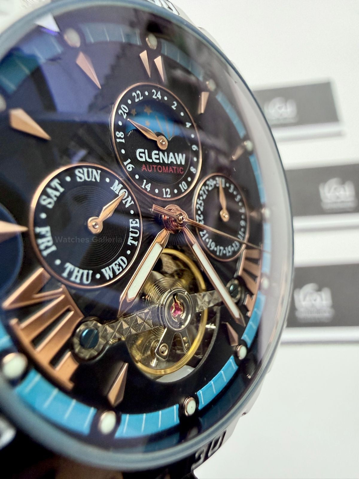 Glenaw GL8919B Moonphase Flywheel Automatic Watch – Black Blue Dial | Luxury Automatic Wristwatch for Men | Glenaw Watches in Pakistan