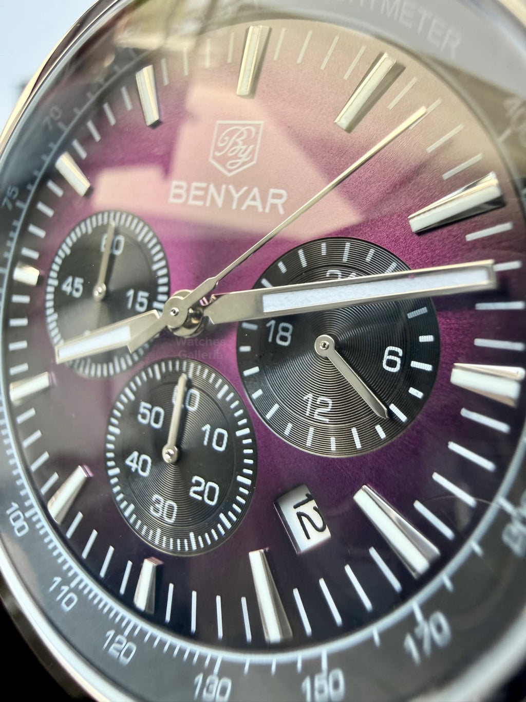 Benyar BY5213 Black Purple Men’s Luxury Quartz Leather Strap Watch – Waterproof Stainless Steel Analog Wrist Watch with Luminous Hands | Original Benyar Pakistan | Watches Galleria