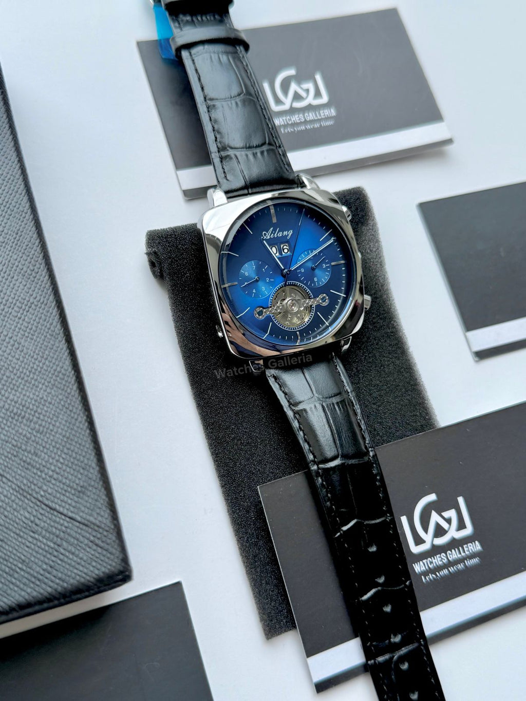 Ailang AI8655G Square Chronograph Automatic Watch Black Blue – Skeleton Flywheel, Big Date, Luxury Square Dial Men’s Watch