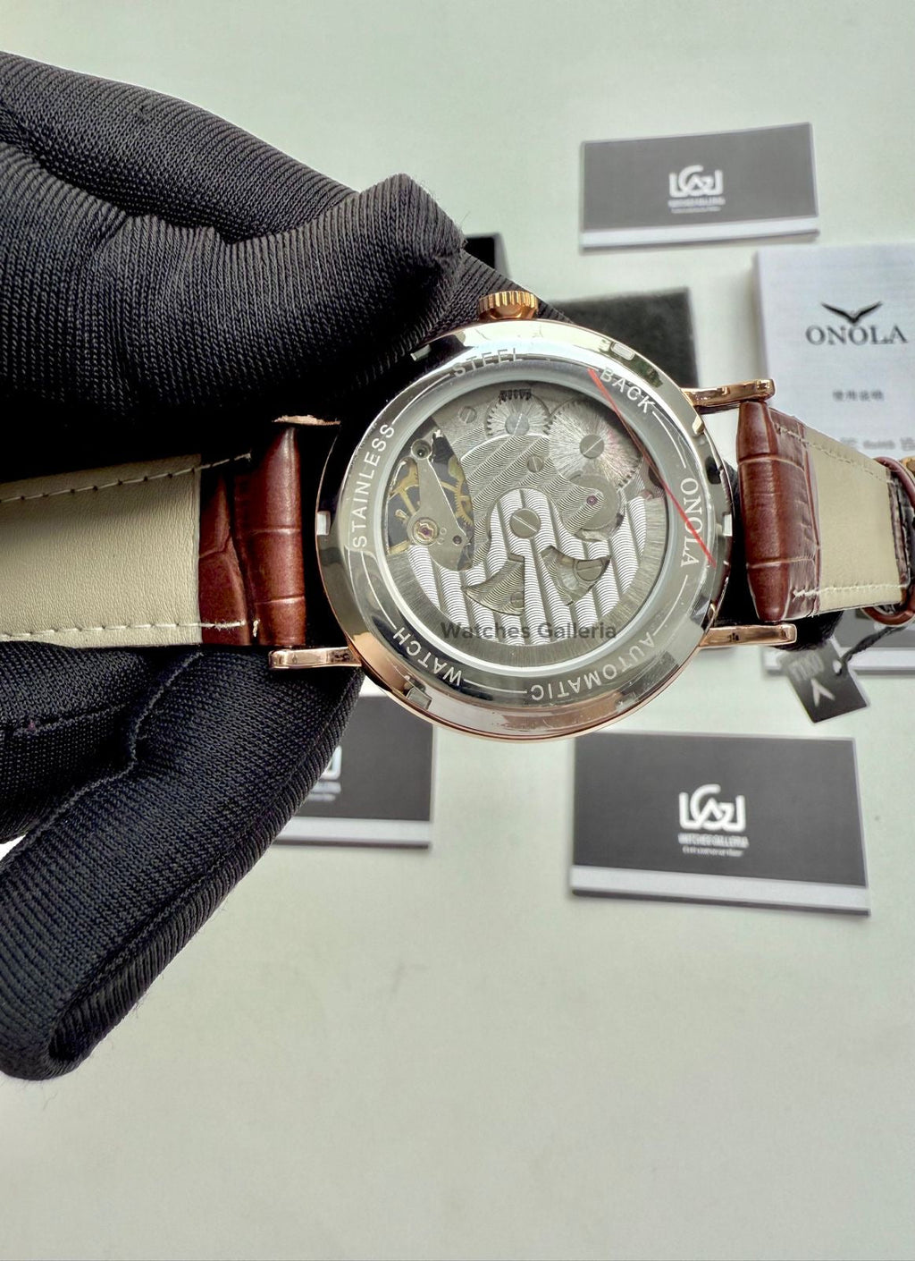 Onola Moonphase Flywheel Skeleton Watch Automatic (Brown-Rose Gold) ON6836 Watches Galleria