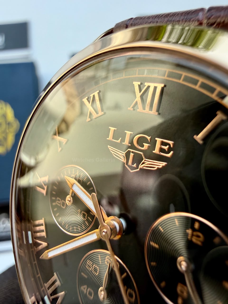 Lige 9852 Chronograph Watch for Men Brown Rose Gold Leather Strap Original Lige Watch in Pakistan