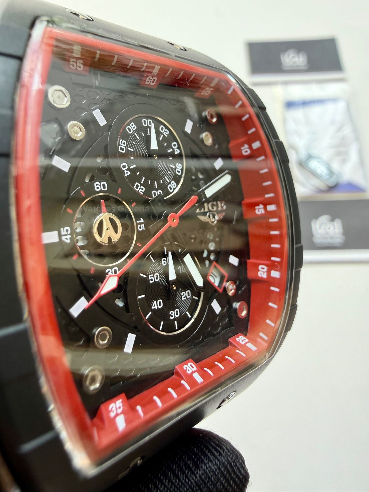 LIGE LG89148 Red Tonneau Chronograph Watch in Pakistan – Luxury Men’s Quartz Watch with Silicon Strap