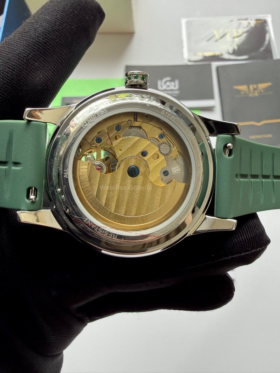 Pindu 5037 Green/Green Silicon LeatherDiamonds Hand Encrusted Diamond Automatic Tourbillon Watch for Men | Luxury Mechanical Watch | 43mm Stainless Steel Case