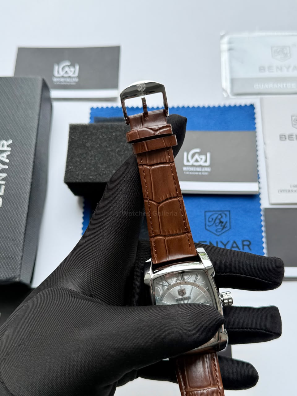Benyar BY5114 Square Tank Watch in Pakistan – Brown Silver White Elegant Quartz Leather Strap Men’s Dress Watch