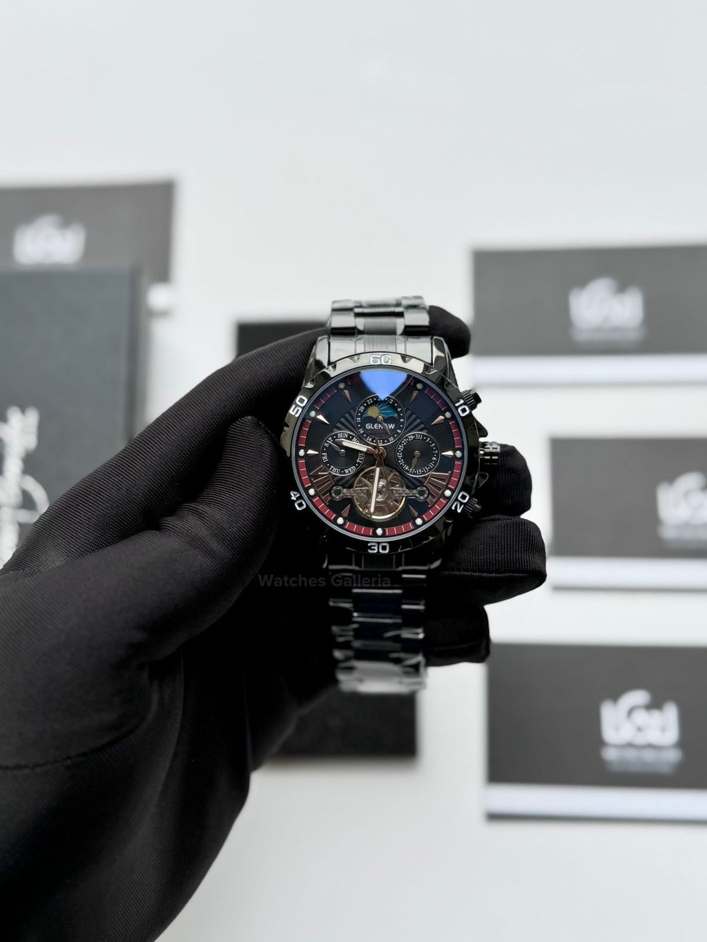 Glenaw GL8919B Moonphase Flywheel Automatic Watch – Black Blue Dial | Luxury Automatic Wristwatch for Men | Glenaw Watches Pakistan