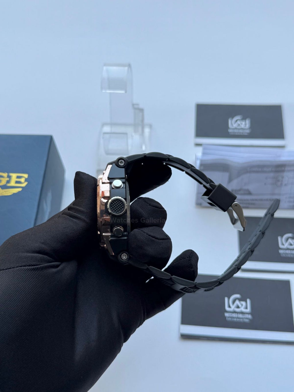 Lige 8922 Sports Watch Rose Gold Black 45mm Dual Display Analog Digital LED Alarm Waterproof 50M Silicone Strap Men’s Watch