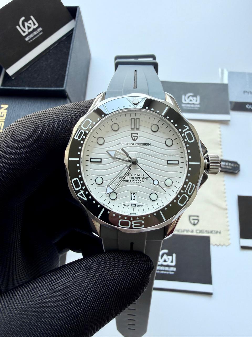 Pagani Design PD1685 Grey Silicon Seamaster Diver White Automatic Watch – 200M Sapphire Crystal NH35A/Miyota Luxury Dive Watch in Pakistan | Watches Galleria