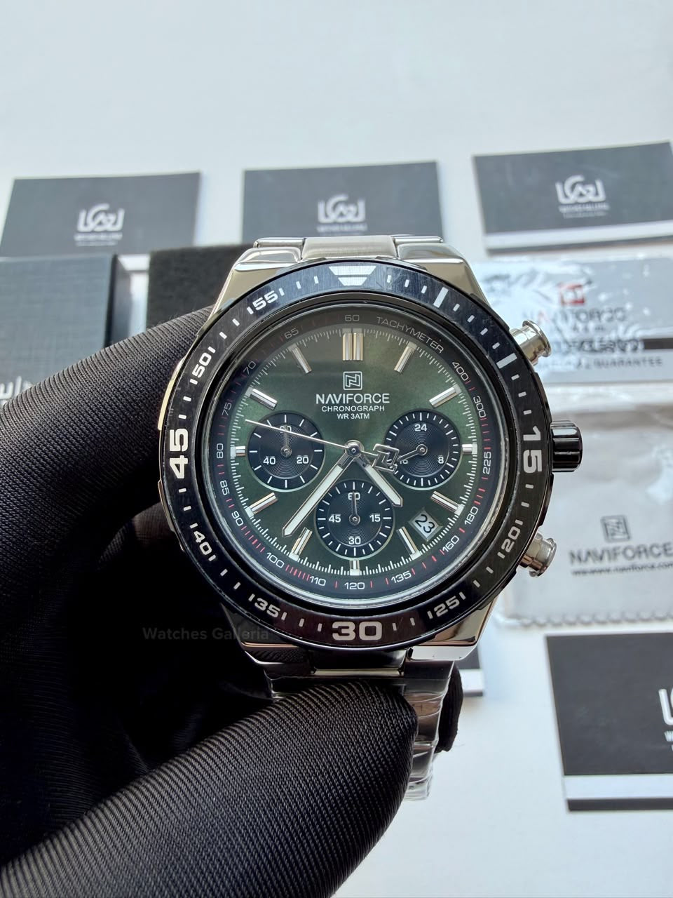 Naviforce NF8049 Watch Pakistan | Naviforce Men Watch | Naviforce Chain Watch | Silver Green Chronograph Watch
