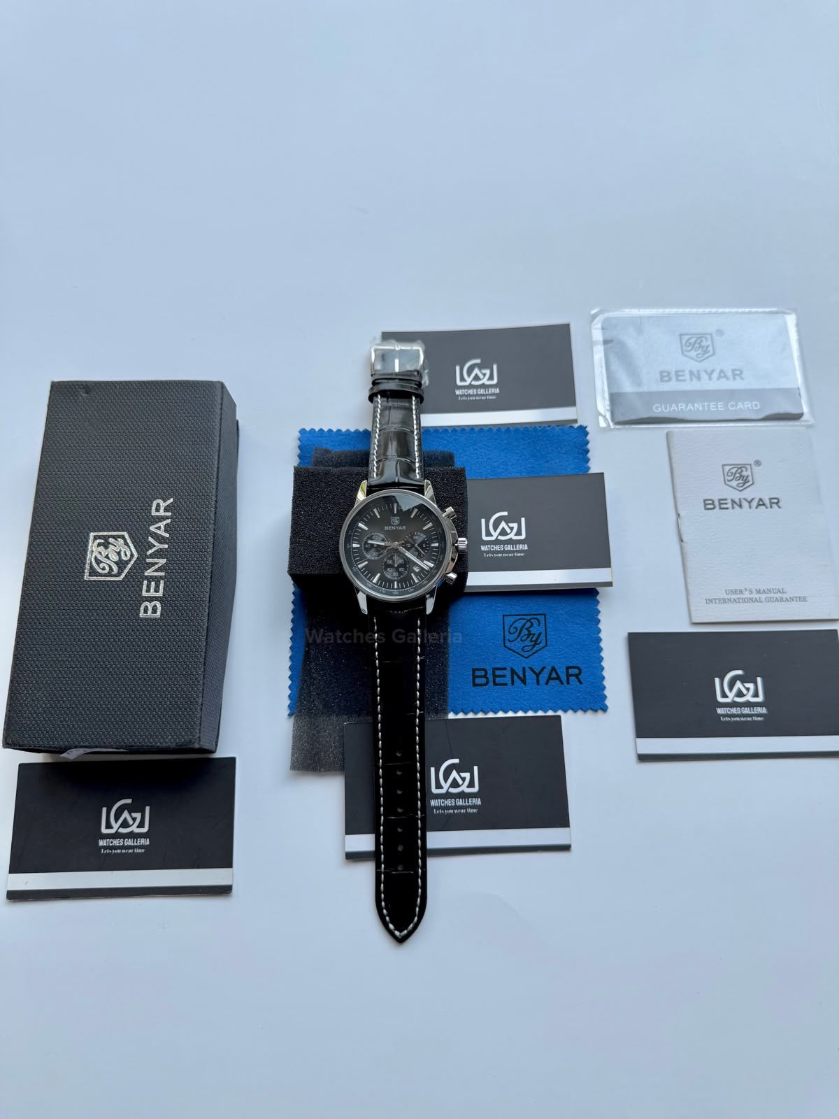 Benyar BY5213 Black Men’s Luxury Quartz Leather Strap Watch – Waterproof Stainless Steel Analog Wrist Watch with Luminous Hands | Original Benyar Pakistan | Watches Galleria
