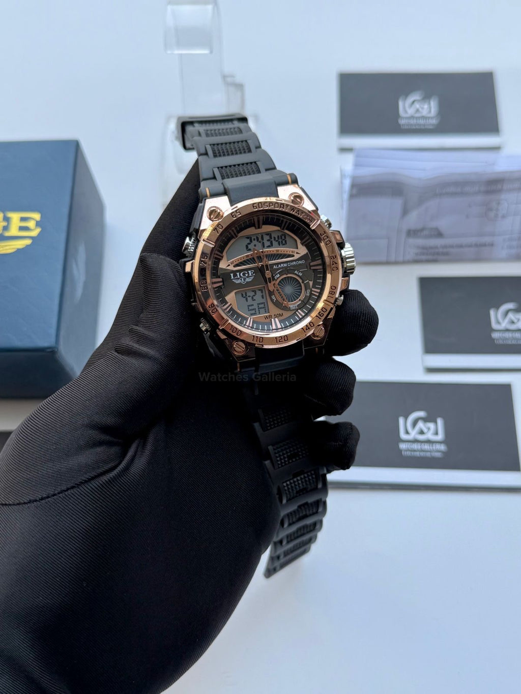 Lige 8922 Sports Watch Rose Gold Black 45mm Dual Display Analog Digital LED Alarm Waterproof 50M Silicone Strap Men’s Watch