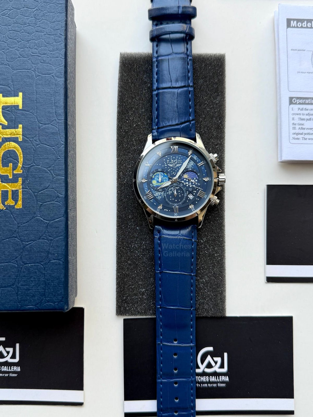 Lige Watch LG89107 Moonphase Chronograph (Blue/Silver) Lige Watch in Pakistan