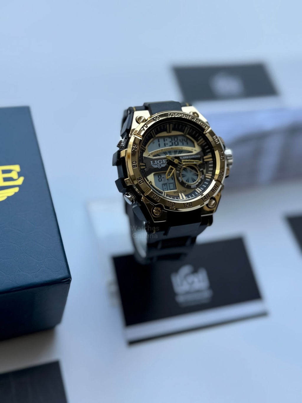 Lige 8922 Sports Watch Gold Black 45mm Dual Display Analog Digital LED Alarm Waterproof 50M Silicone Strap Men’s Watch