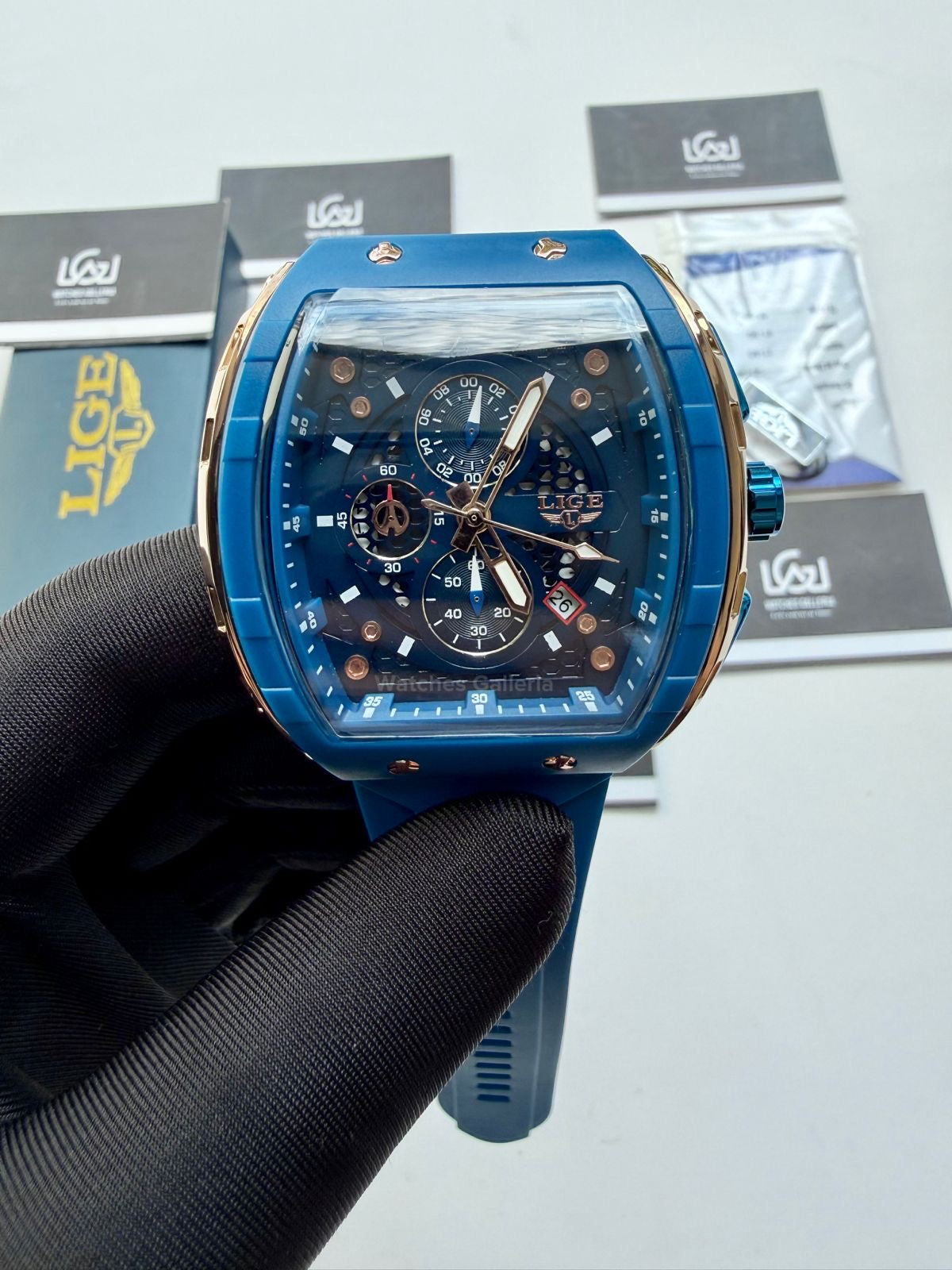 LIGE LG89148 Blue Tonneau Chronograph Watch in Pakistan – Luxury Men’s Quartz Watch with Silicon Strap