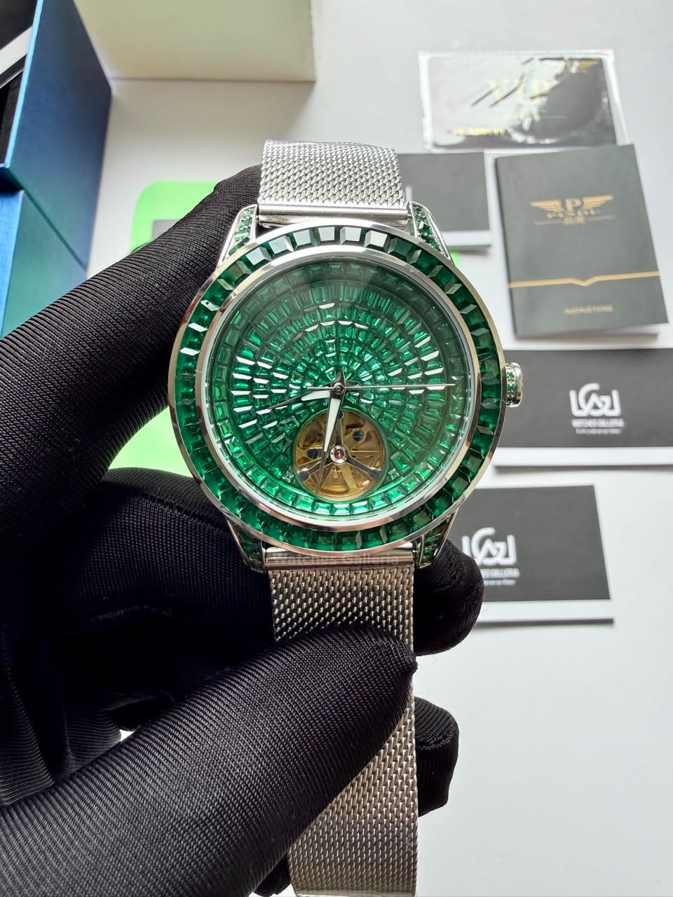 Pindu 5037 Green/Mesh Strap LeatherDiamonds Hand Encrusted Diamond Automatic Tourbillon Watch for Men | Luxury Mechanical Watch | 43mm Stainless Steel Case