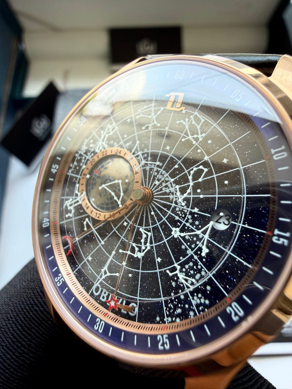 OBLVLO GC (Black Rose Gold Blue) Grand Complications Celestial Automatic Watch Brown & Black Dial with Rose Gold Details, Moving Constellation & Earth Display – OBLVLOGC