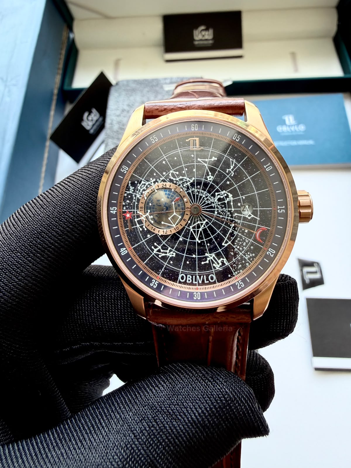 OBLVLO GC (Brown Rose Gold Blue) Grand Complications Celestial Automatic Watch Brown & Black Dial with Rose Gold Details, Moving Constellation & Earth Display – OBLVLOGC | Oblvlo