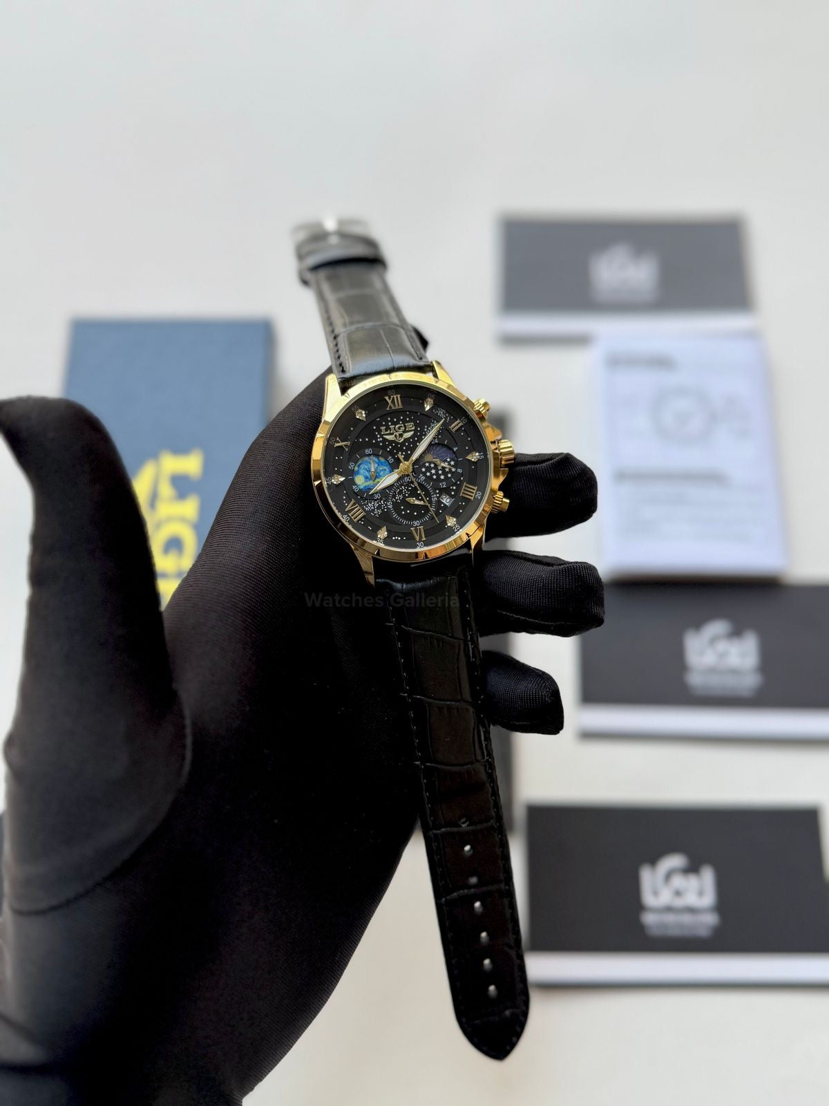 Lige Watch LG89107 Moonphase Chronograph (Black/Gold) Lige Watch in Pakistan