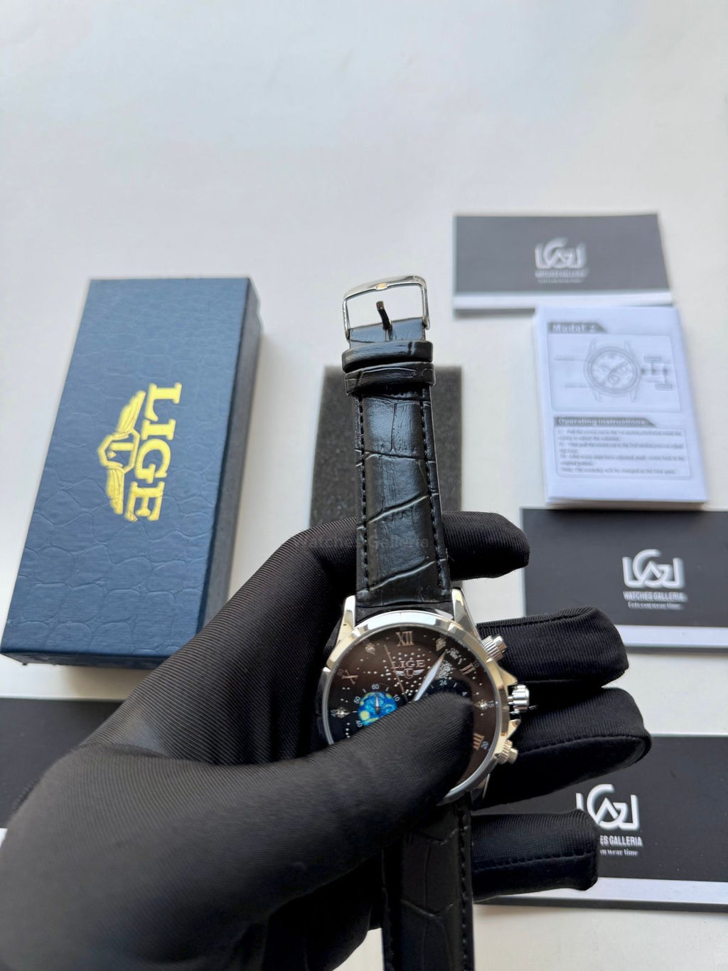 Lige Watch LG89107 Moonphase Chronograph (Black/Silver) Lige Watch in Pakistan