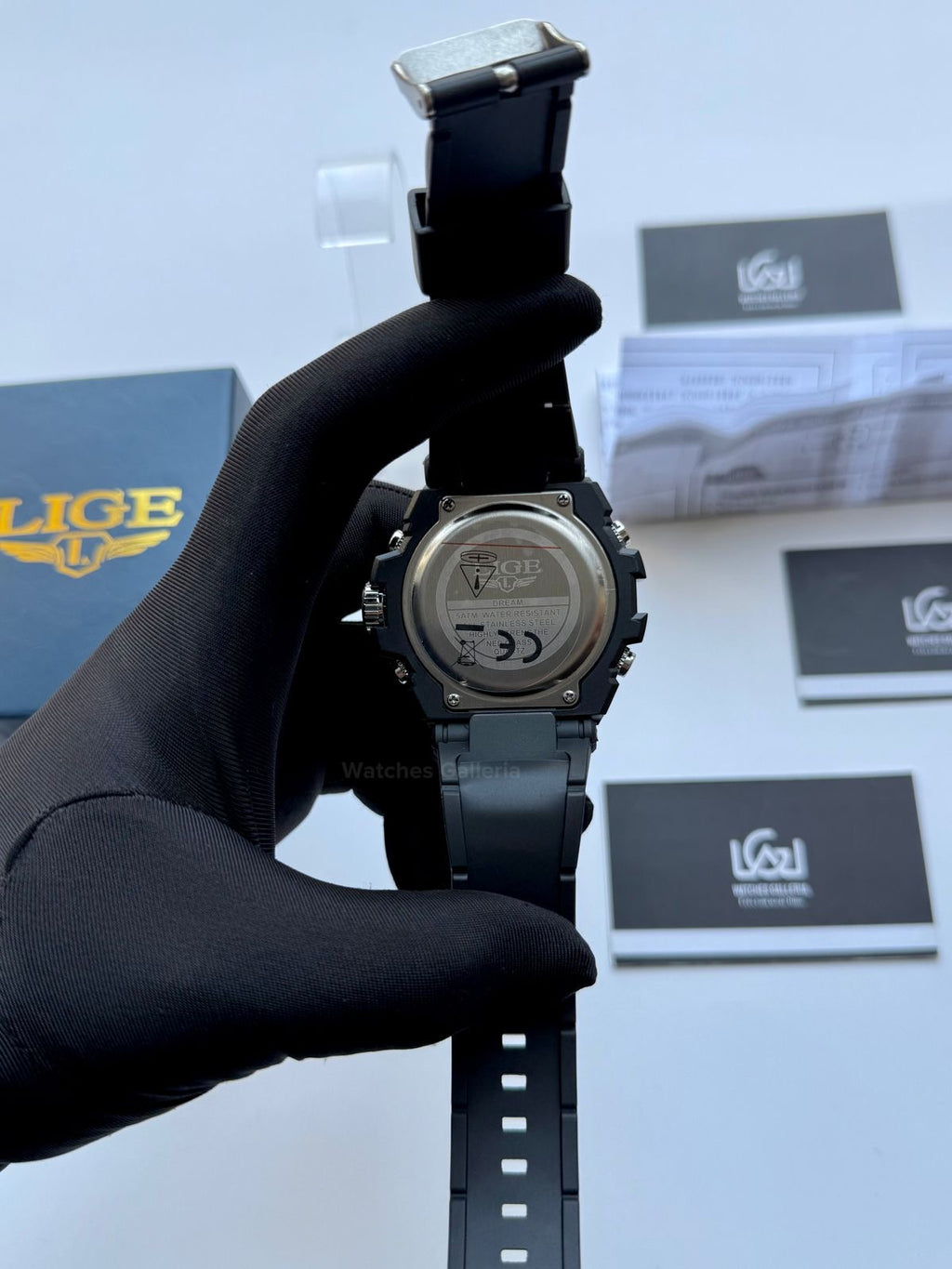 Lige 8922 Sports Watch Gold Black 45mm Dual Display Analog Digital LED Alarm Waterproof 50M Silicone Strap Men’s Watch