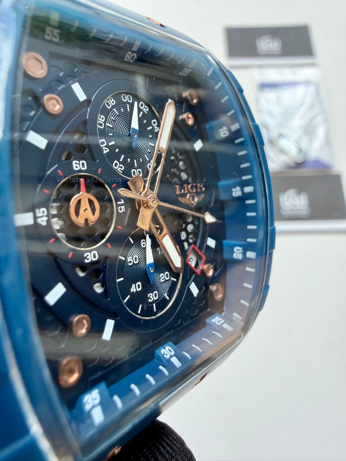 LIGE LG89148 Blue Tonneau Chronograph Watch in Pakistan – Luxury Men’s Quartz Watch with Silicon Strap
