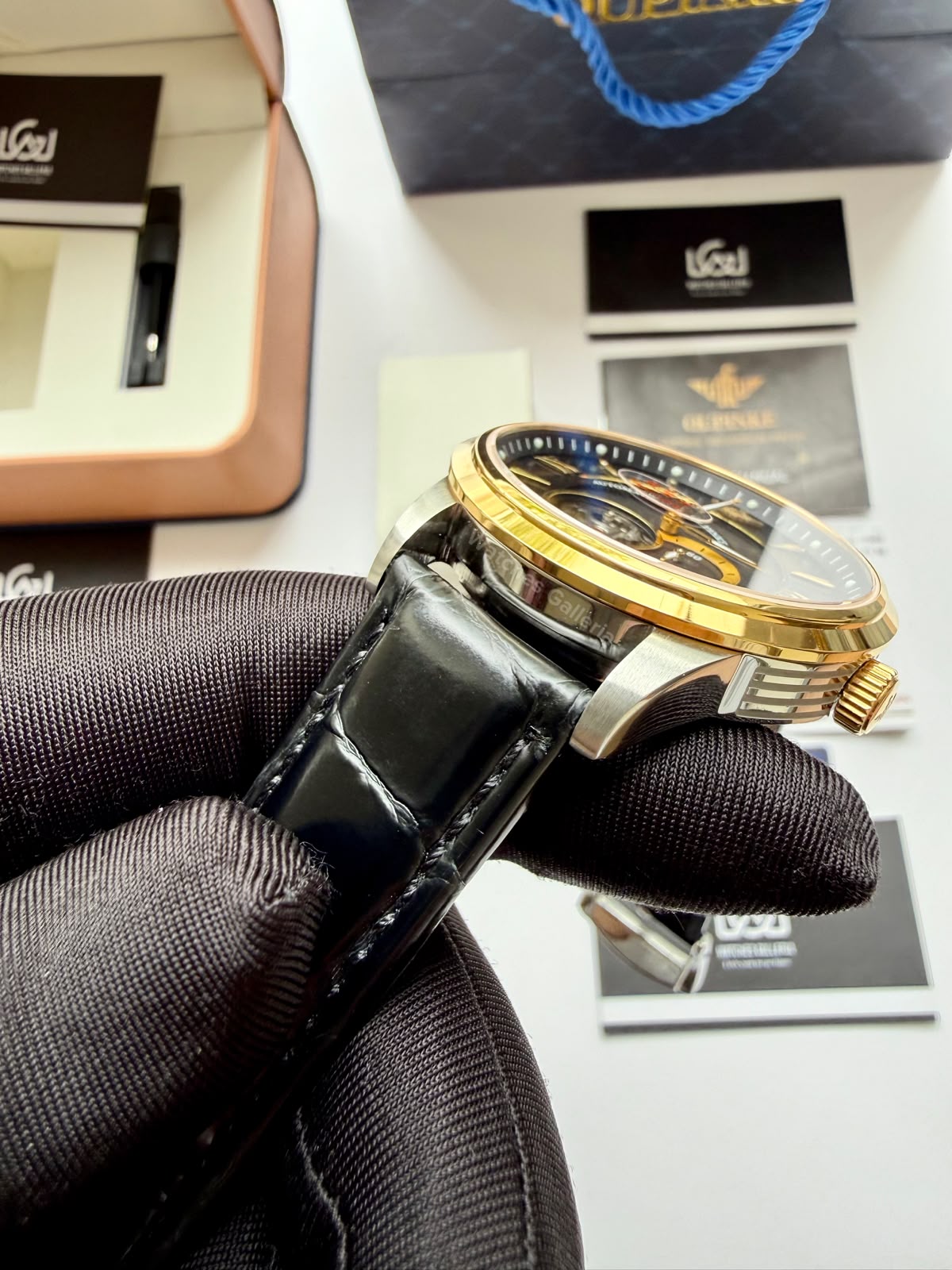 Oupinke G3190 (Black Leather) Open Heart Automatic Watch with Miyota 8215 Japanese Movement, Sapphire Crystal, Luminous Dial & Black Leather Strap