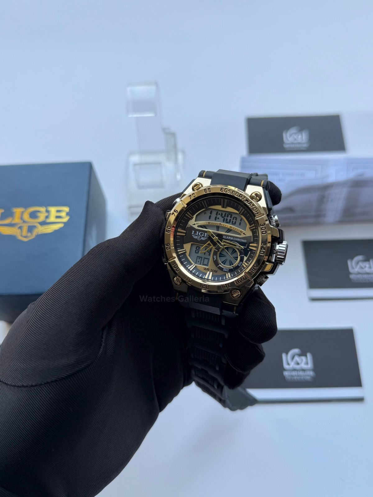 Lige 8922 Sports Watch Gold Black 45mm Dual Display Analog Digital LED Alarm Waterproof 50M Silicone Strap Men’s Watch