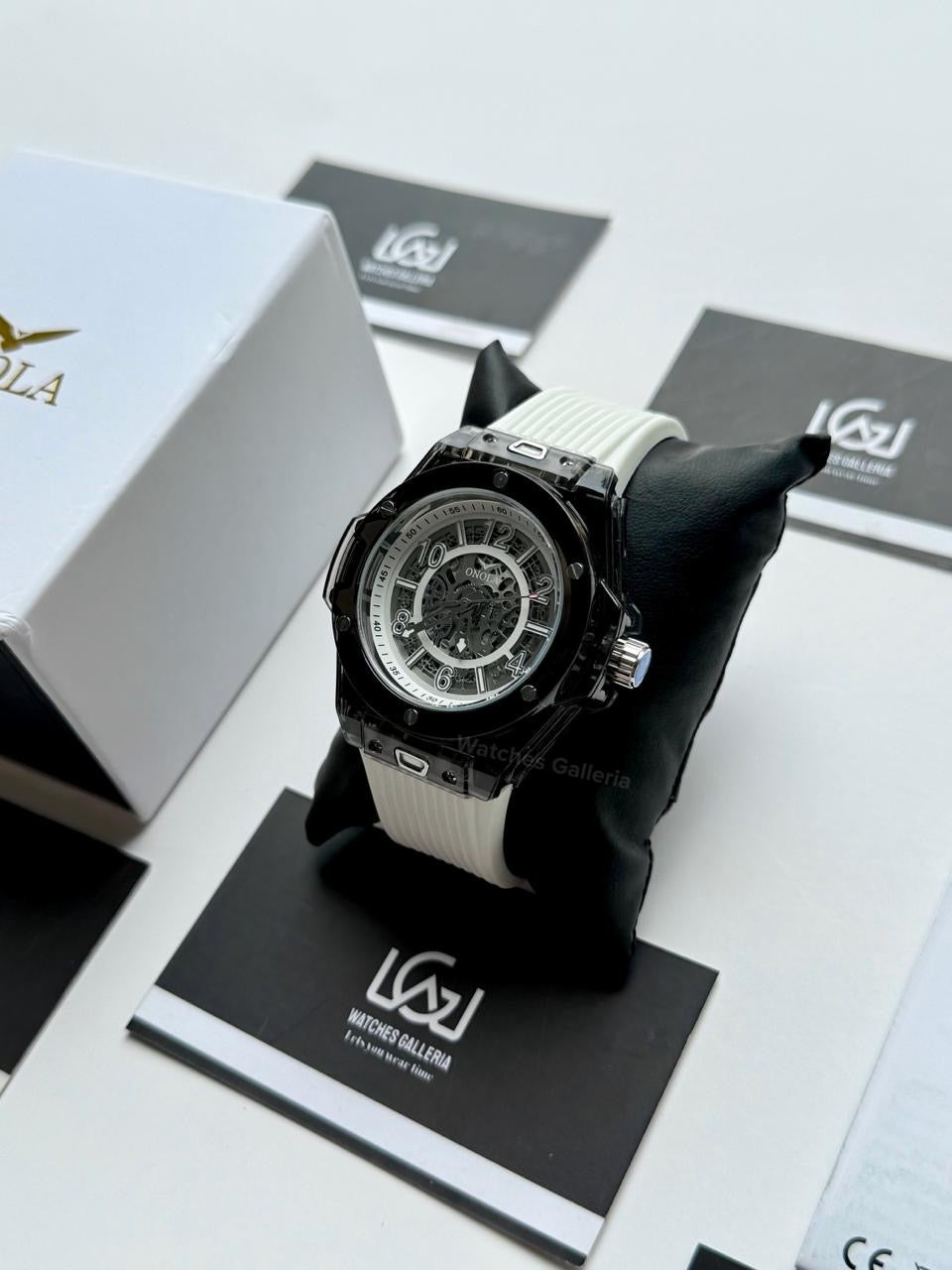 Onola ON3836 Oak Skeleton White Black Automatic Watch – 49mm Transparent Dial, Bold Sport Design, Pakistan Edition