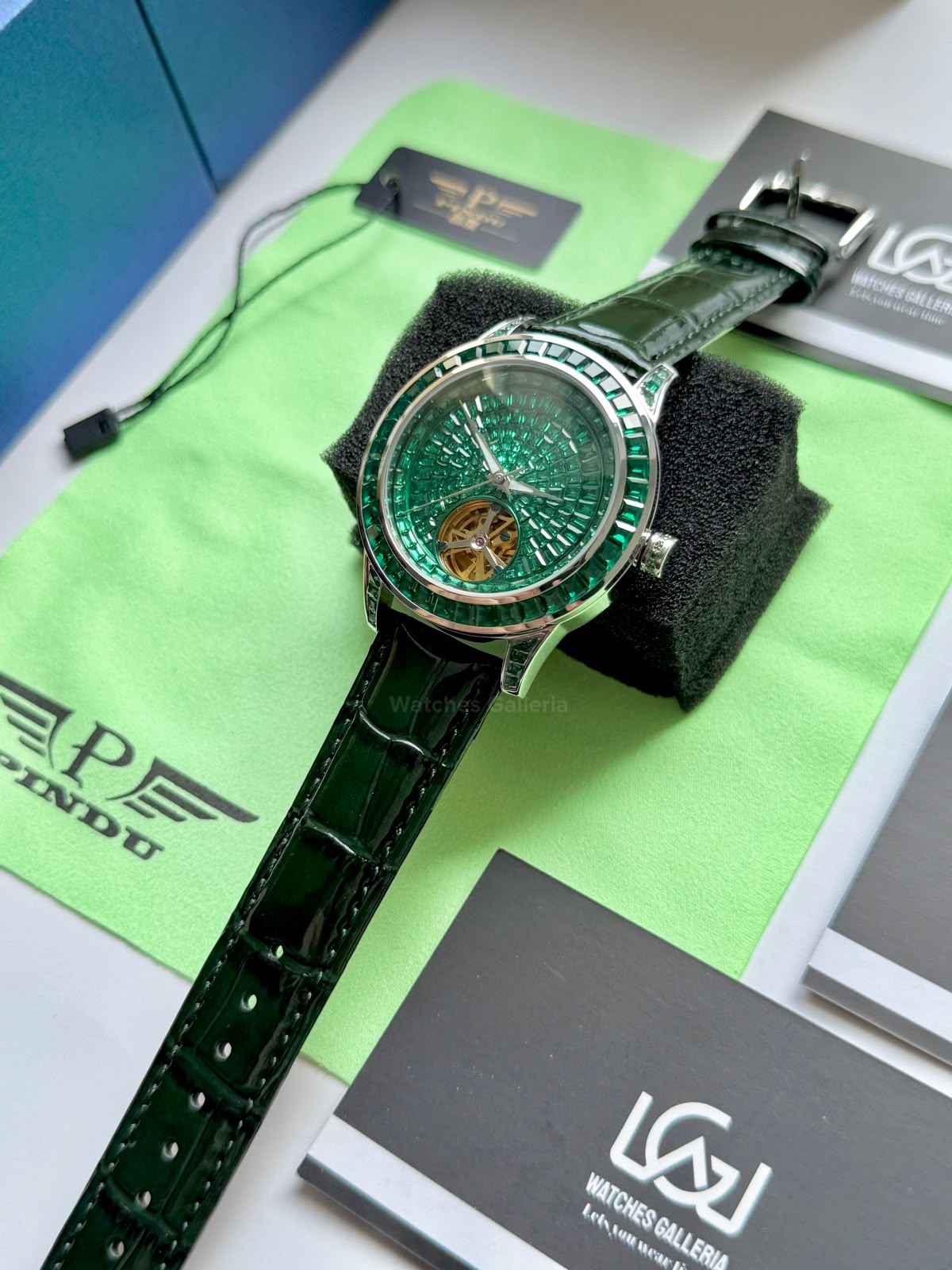 Pindu 5037 Green Diamonds Hand Encrusted Diamond Automatic Tourbillon Watch for Men | Luxury Mechanical Watch | 43mm Stainless Steel Case