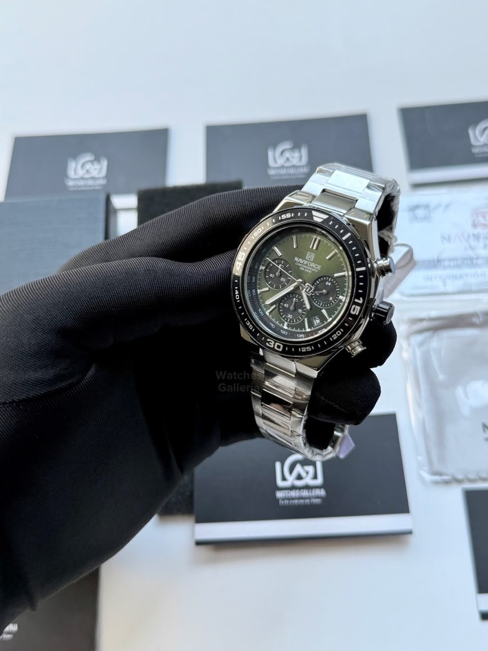 Naviforce NF8049 Watch Pakistan | Naviforce Men Watch | Naviforce Chain Watch | Silver Green Chronograph Watch