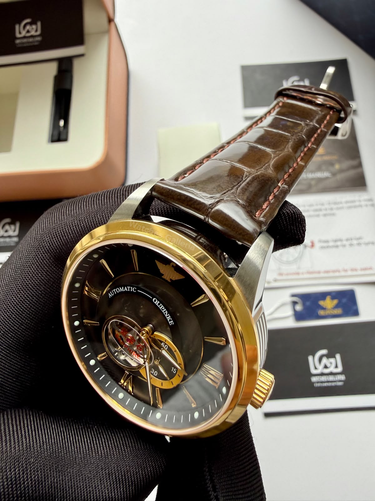 Oupinke G3190 (Brown Leather) Open Heart Automatic Watch with Miyota 8215 Japanese Movement, Sapphire Crystal, Luminous Dial & Black Leather Strap