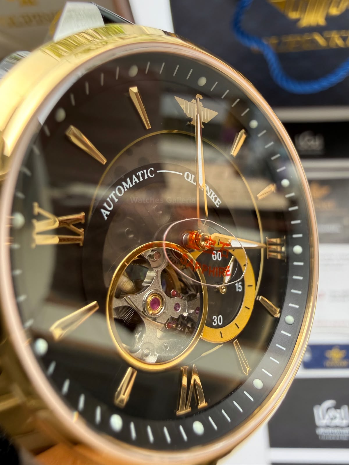 Oupinke G3190 (Black Leather) Open Heart Automatic Watch with Miyota 8215 Japanese Movement, Sapphire Crystal, Luminous Dial & Black Leather Strap
