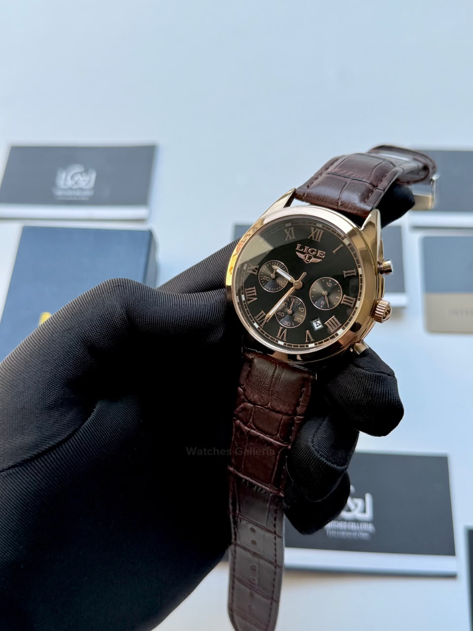 Lige 9852 Chronograph Watch for Men Brown Rose Gold Leather Strap Original Lige Watch in Pakistan