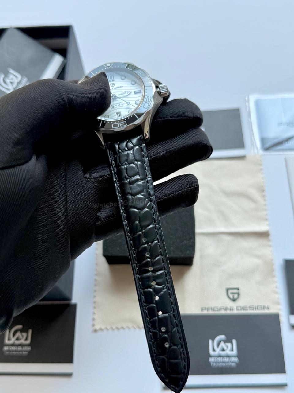 Pagani Design PD1685 Black Leather Strap Seamaster Diver White Automatic Watch – 200M Sapphire Crystal NH35A/Miyota Luxury Dive Watch in Pakistan | Watches Galleria