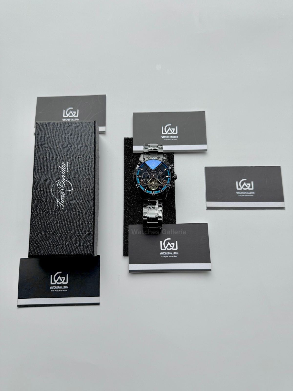 Glenaw GL8919B Moonphase Flywheel Automatic Watch – Black Blue Dial | Luxury Automatic Wristwatch for Men | Glenaw Watches in Pakistan