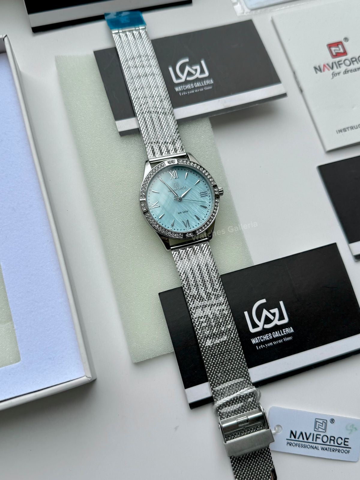 Naviforce NF5028 Ice Blue Classic Stones Quartz Watch (Unisex) Naviforce Watch Pakistan