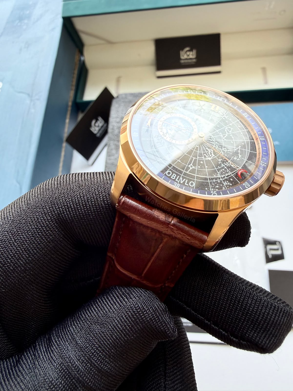 OBLVLO GC (Brown Rose Gold Blue) Grand Complications Celestial Automatic Watch Brown & Black Dial with Rose Gold Details, Moving Constellation & Earth Display – OBLVLOGC | Oblvlo