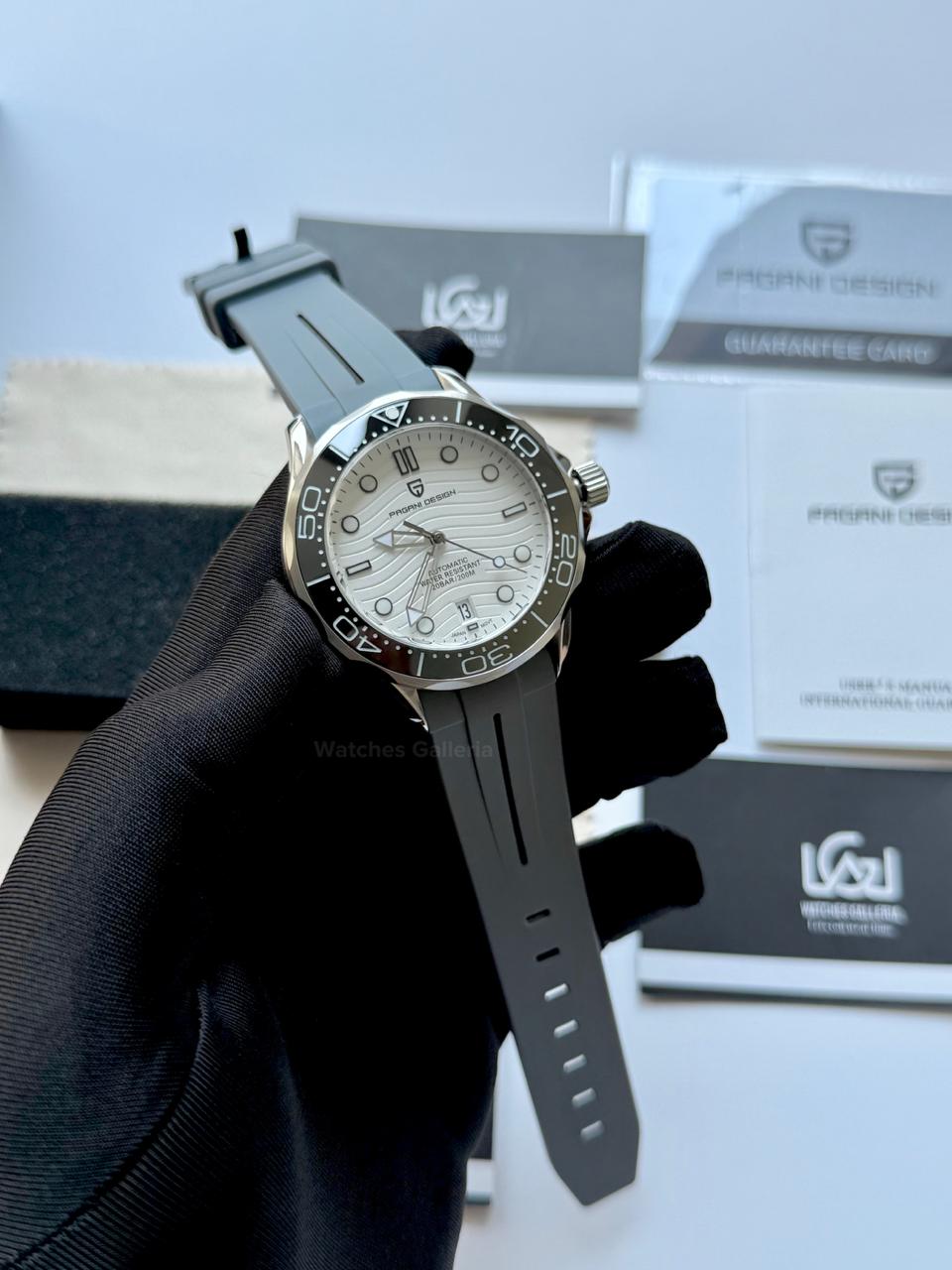 Pagani Design PD1685 Grey Silicon Seamaster Diver White Automatic Watch – 200M Sapphire Crystal NH35A/Miyota Luxury Dive Watch in Pakistan | Watches Galleria