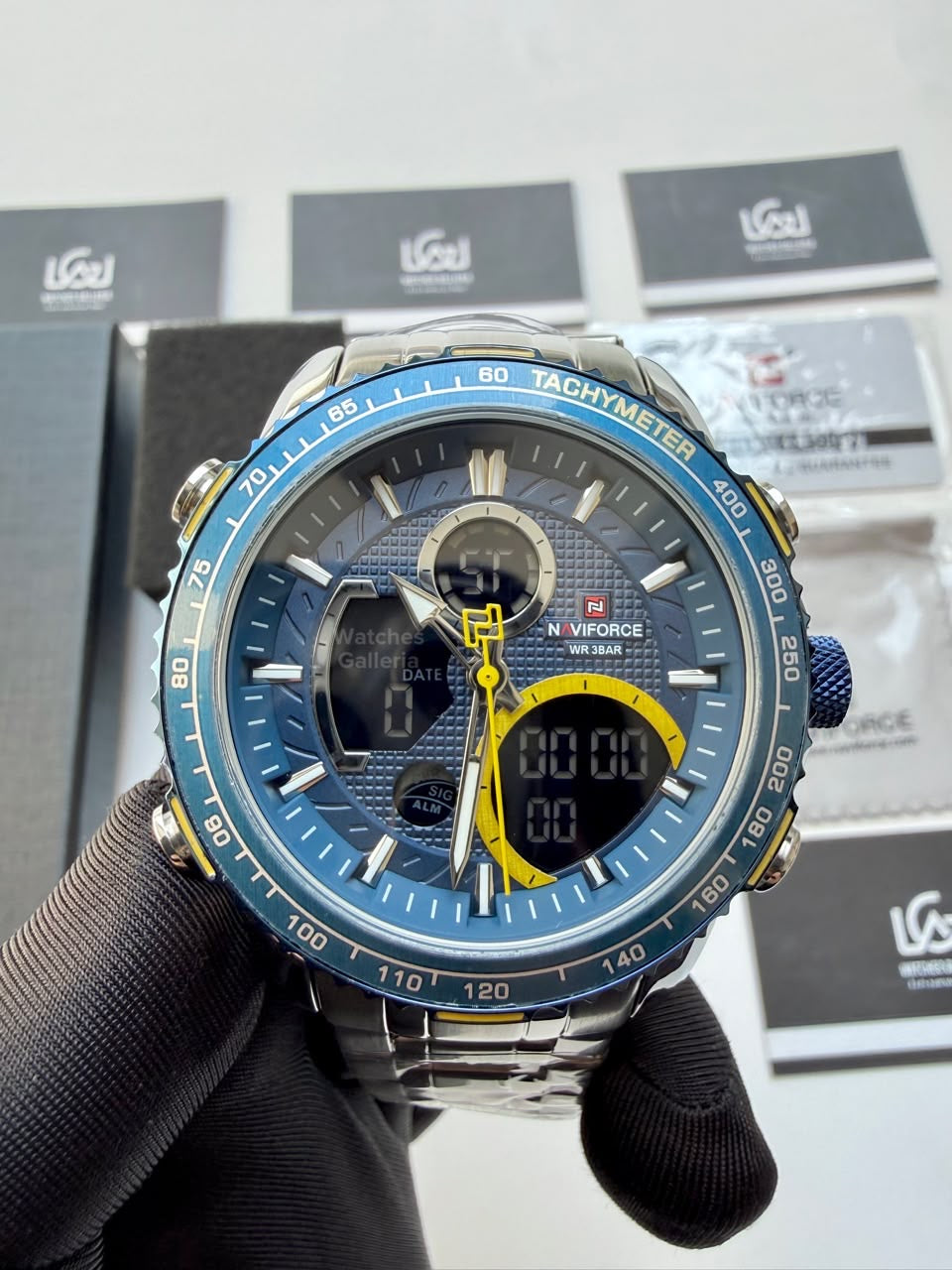 Naviforce Watch Pakistan NF9182 | Naviforce Men Watch | Naviforce Chain Watch | Dual Display Blue Yellow Watch